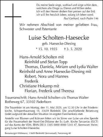 Traueranzeige von Luise Scholten-Haesecke von Westfalen-Blatt