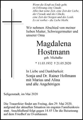 Traueranzeige von Magdalena Hostmann von Westfalen-Blatt