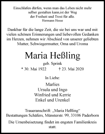 Traueranzeige von Maria Heßling