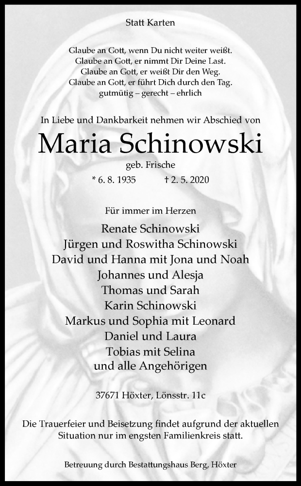  Traueranzeige für Maria Schinowski vom 09.05.2020 aus Westfalen-Blatt