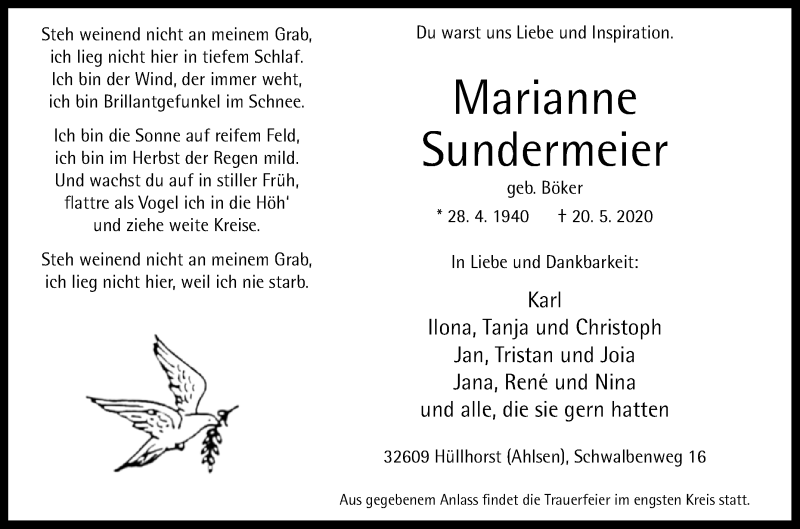  Traueranzeige für Marianne Sundermeier vom 23.05.2020 aus Westfalen-Blatt