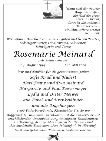 Traueranzeige von Rosemarie Meinard von Westfalen-Blatt