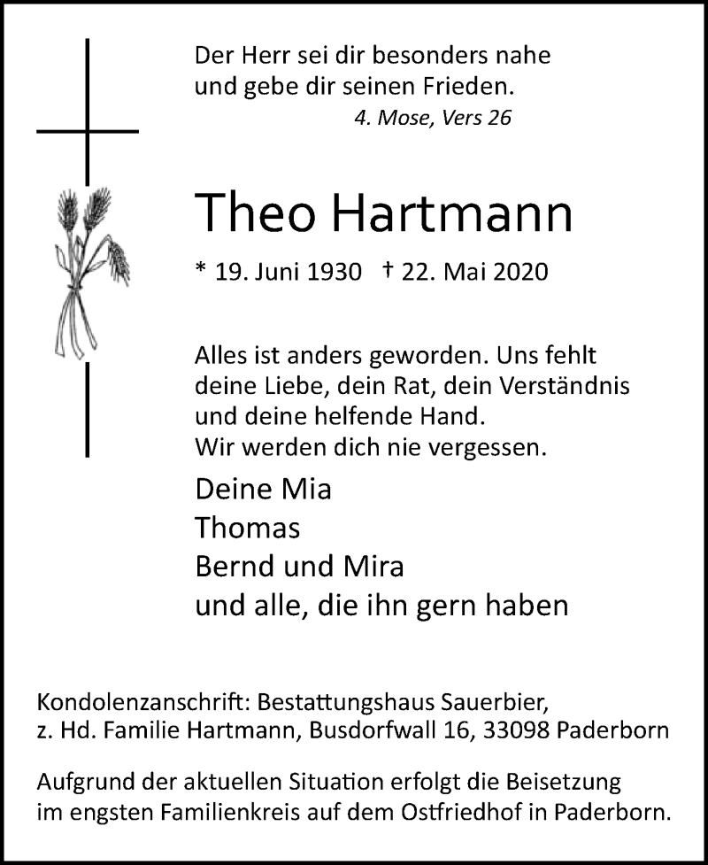  Traueranzeige für Theo Hartmann vom 30.05.2020 aus Westfalen-Blatt