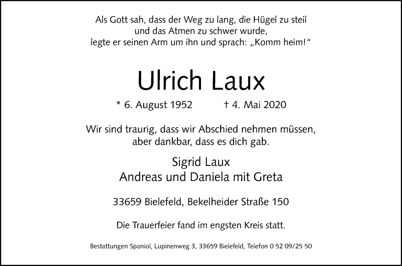  Traueranzeige für Ulrich Laux vom 09.05.2020 aus Westfalen-Blatt