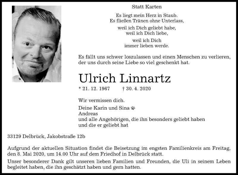  Traueranzeige für Ulrich Linnartz vom 05.05.2020 aus Westfalen-Blatt
