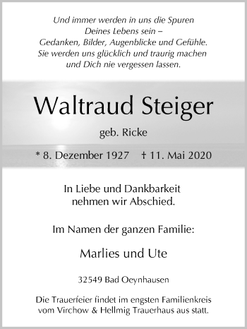Traueranzeige von Waltraud Steiger von Westfalen-Blatt