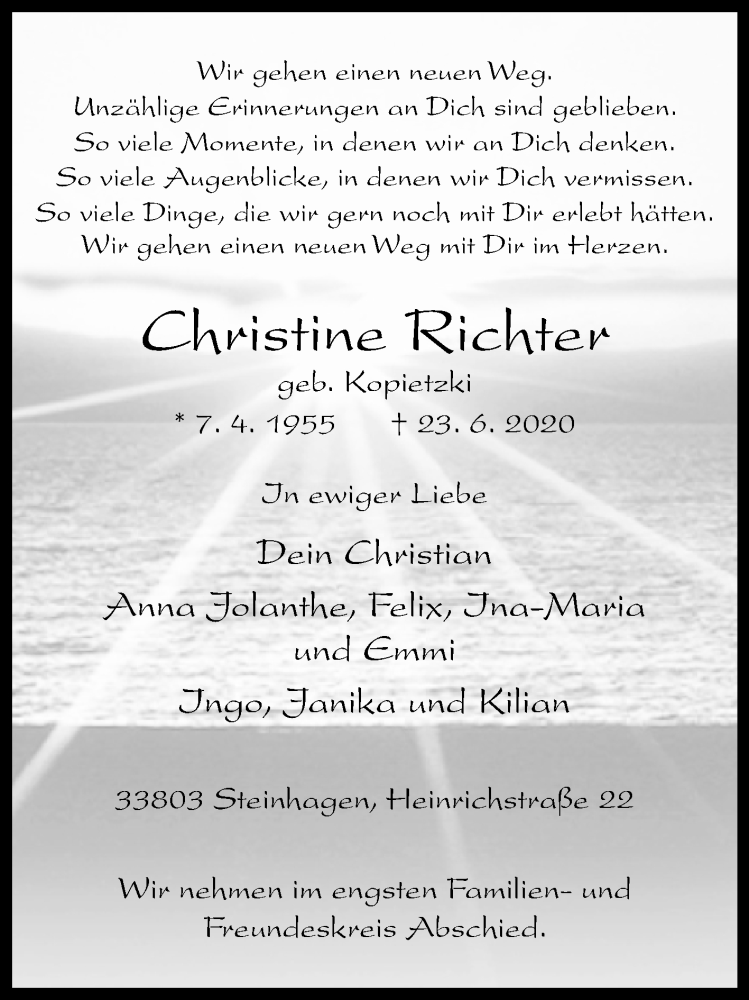  Traueranzeige für Christine Richter vom 27.06.2020 aus Westfalen-Blatt
