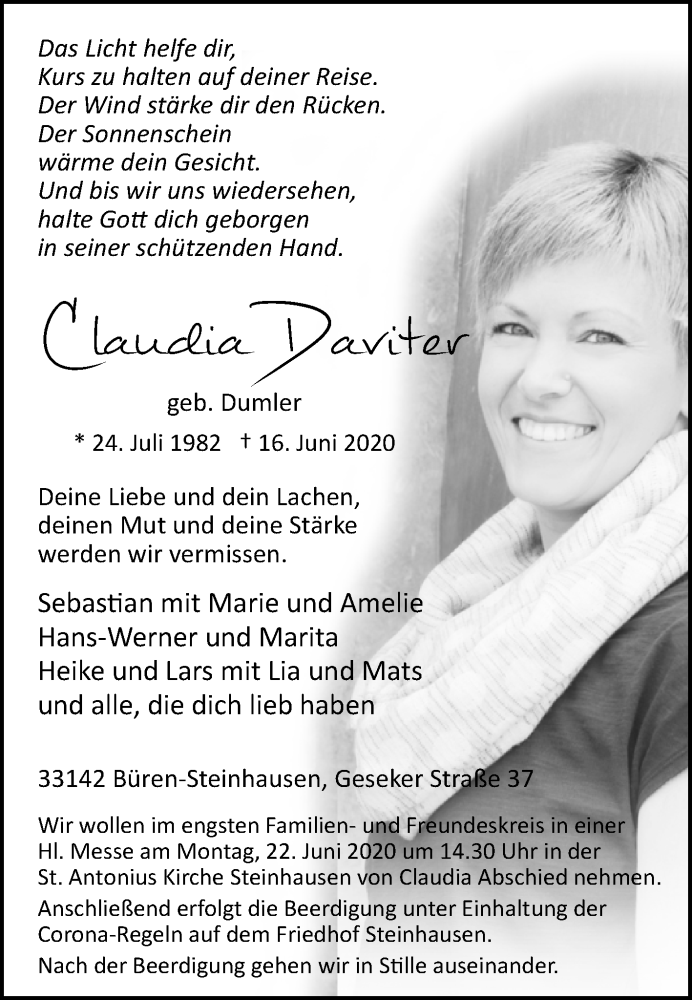  Traueranzeige für Claudia Daviter vom 20.06.2020 aus Westfalen-Blatt