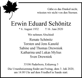 Traueranzeige von Erwin Eduard Schönitz