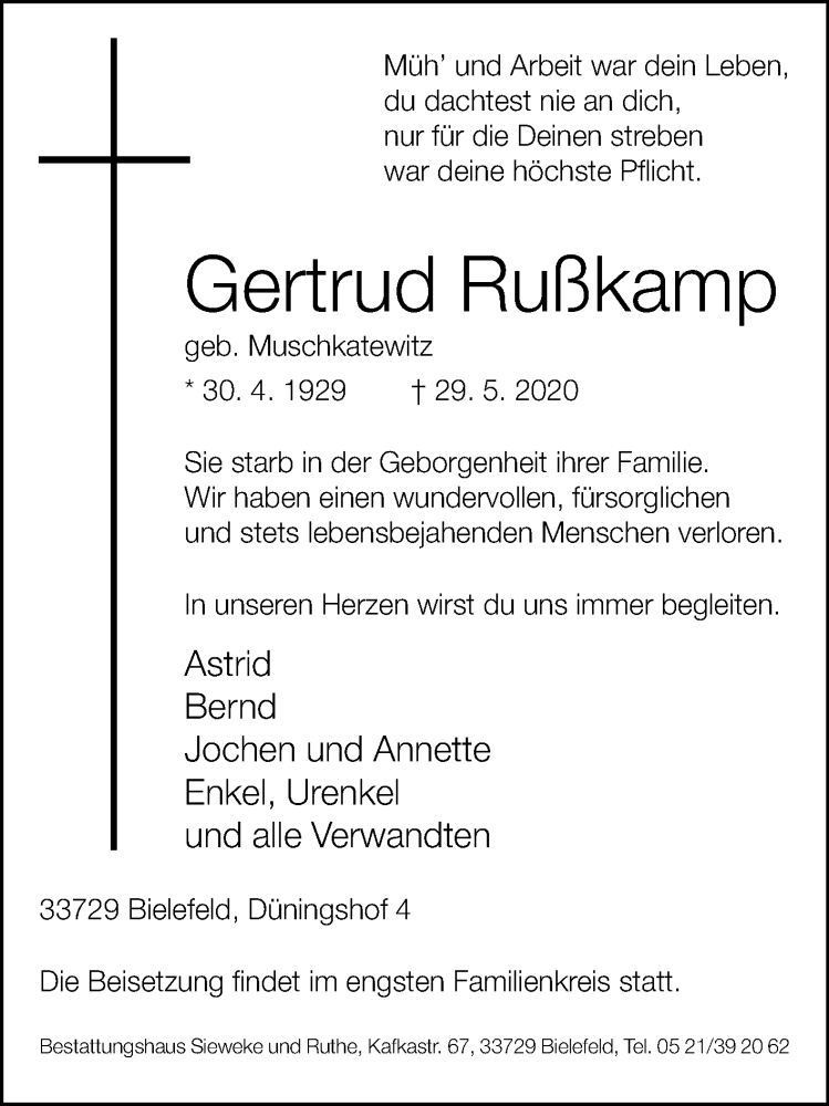  Traueranzeige für Gertrud Rußkamp vom 04.06.2020 aus Westfalen-Blatt