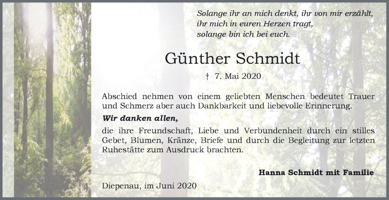  Traueranzeige für Günther Schmidt vom 13.06.2020 aus Westfalen-Blatt