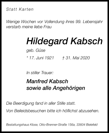 Traueranzeige von Hildegard Kabsch von Westfalen-Blatt