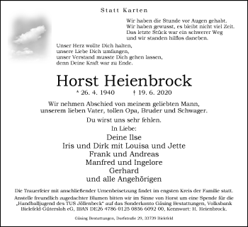 Traueranzeige von Horst Heienbrock von Westfalen-Blatt