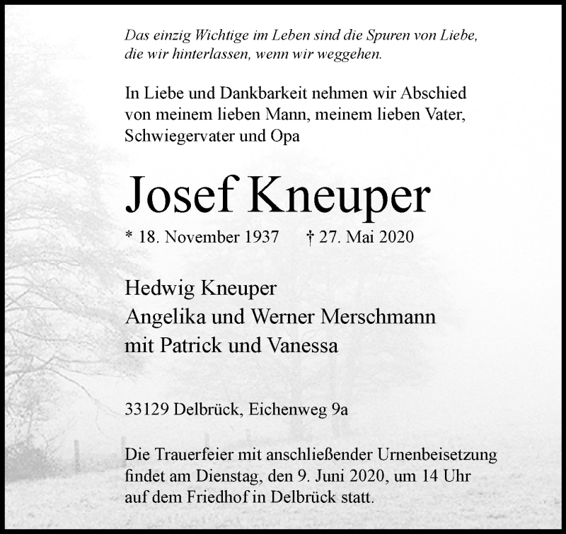  Traueranzeige für Josef Kneuper vom 03.06.2020 aus Westfalen-Blatt