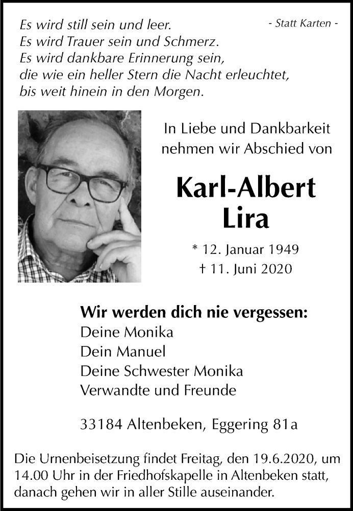  Traueranzeige für Karl-Albert Lira vom 16.06.2020 aus Westfalen-Blatt