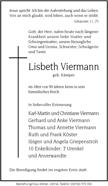 Traueranzeige von Lisbeth Viermann von Westfalen-Blatt