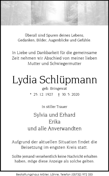 Traueranzeige von Lydia Schlüpmann von Westfalen-Blatt