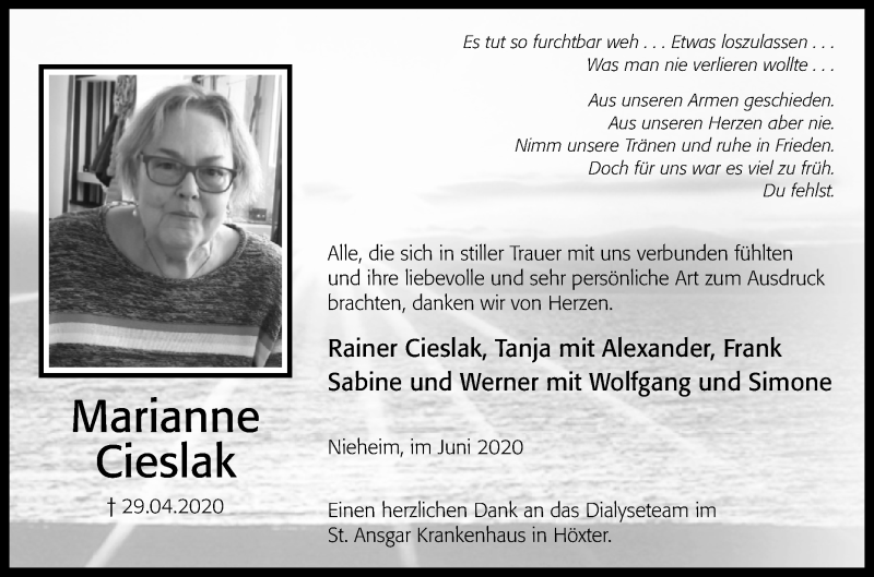  Traueranzeige für Marianne Cieslak vom 06.06.2020 aus Westfalen-Blatt