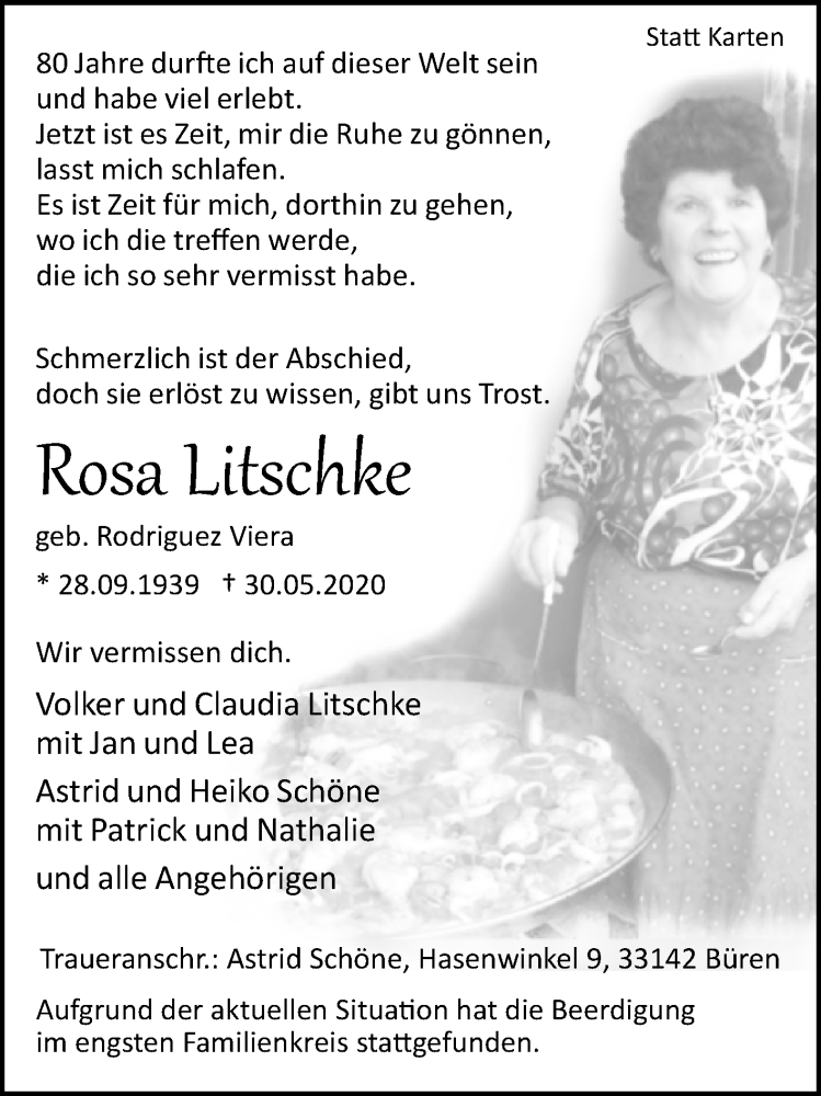  Traueranzeige für Rosa Litschke vom 06.06.2020 aus Westfalen-Blatt