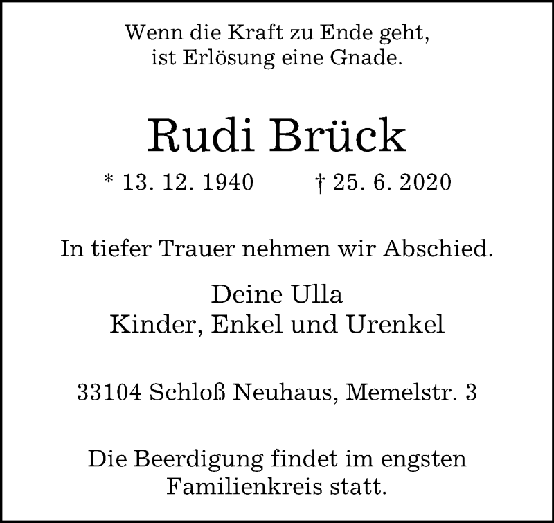  Traueranzeige für Rudi Brück vom 27.06.2020 aus Westfalen-Blatt