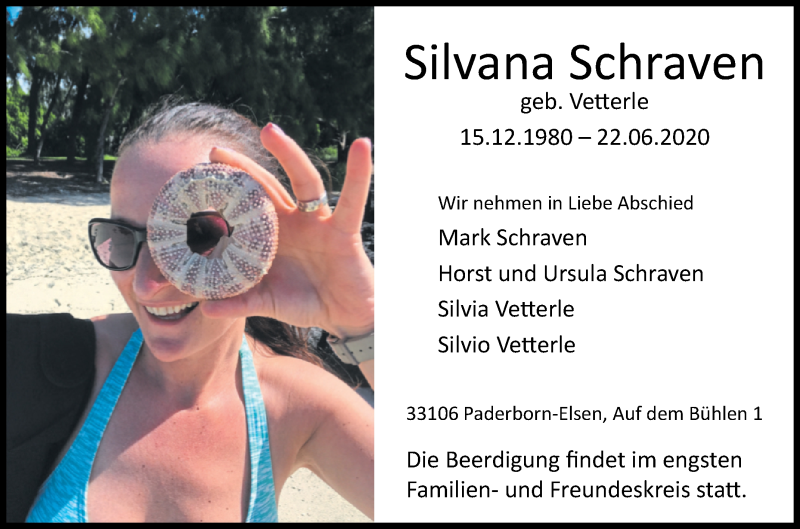  Traueranzeige für Silvana Schraven vom 27.06.2020 aus Westfalen-Blatt