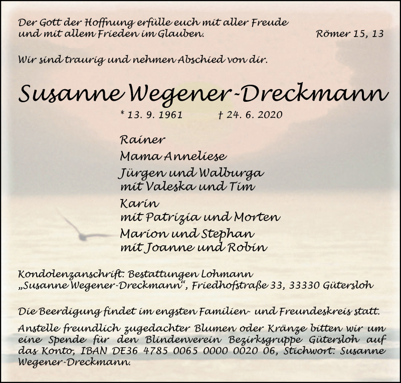  Traueranzeige für Susanne Wegener-Dreckmann vom 27.06.2020 aus Westfalen-Blatt