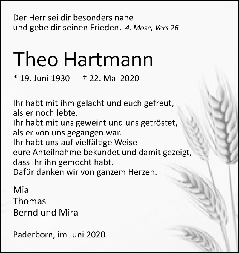  Traueranzeige für Theo Hartmann vom 20.06.2020 aus Westfalen-Blatt