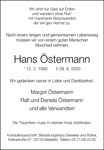 Traueranzeige von Hans Östermann von Westfalen-Blatt