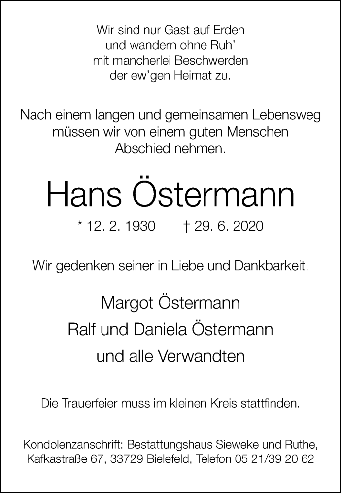  Traueranzeige für Hans Östermann vom 11.07.2020 aus Westfalen-Blatt
