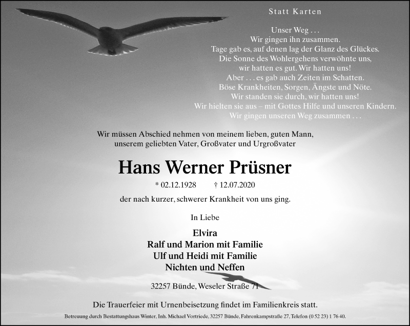  Traueranzeige für Hans Werner Prüsner vom 18.07.2020 aus Westfalen-Blatt