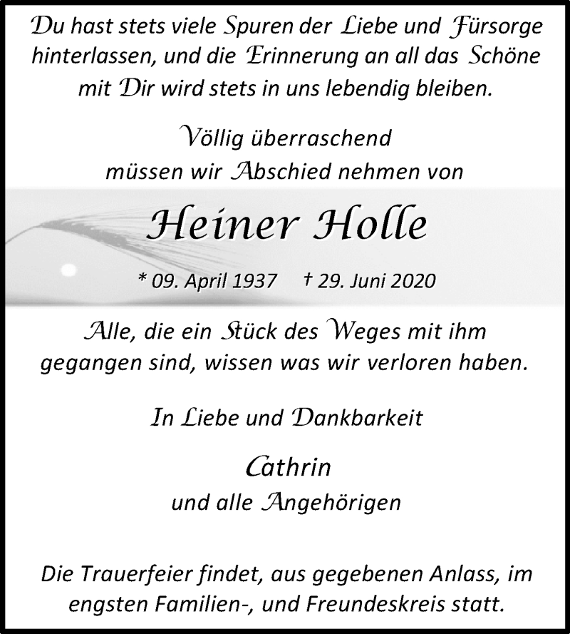  Traueranzeige für Heiner Holle vom 01.07.2020 aus Westfalen-Blatt