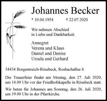 Traueranzeige von Johannes Becker von Westfalen-Blatt