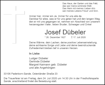 Traueranzeige von Josef Dübeler