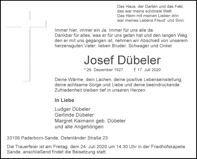  Traueranzeige für Josef Dübeler vom 22.07.2020 aus Westfalen-Blatt
