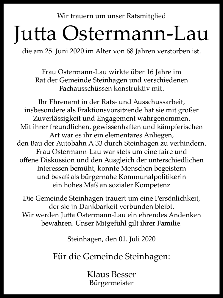  Traueranzeige für Jutta Ostermann-Lau vom 01.07.2020 aus Westfalen-Blatt