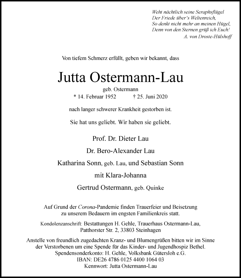  Traueranzeige für Jutta Ostermann-Lau vom 01.07.2020 aus Westfalen-Blatt