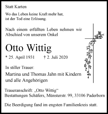 Traueranzeige von Otto Wittig