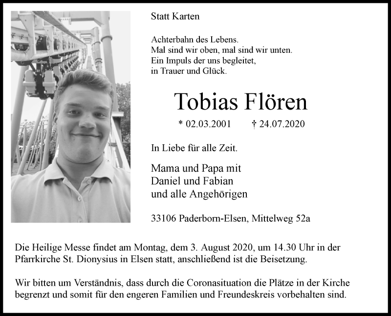  Traueranzeige für Tobias Flören vom 31.07.2020 aus Westfalen-Blatt