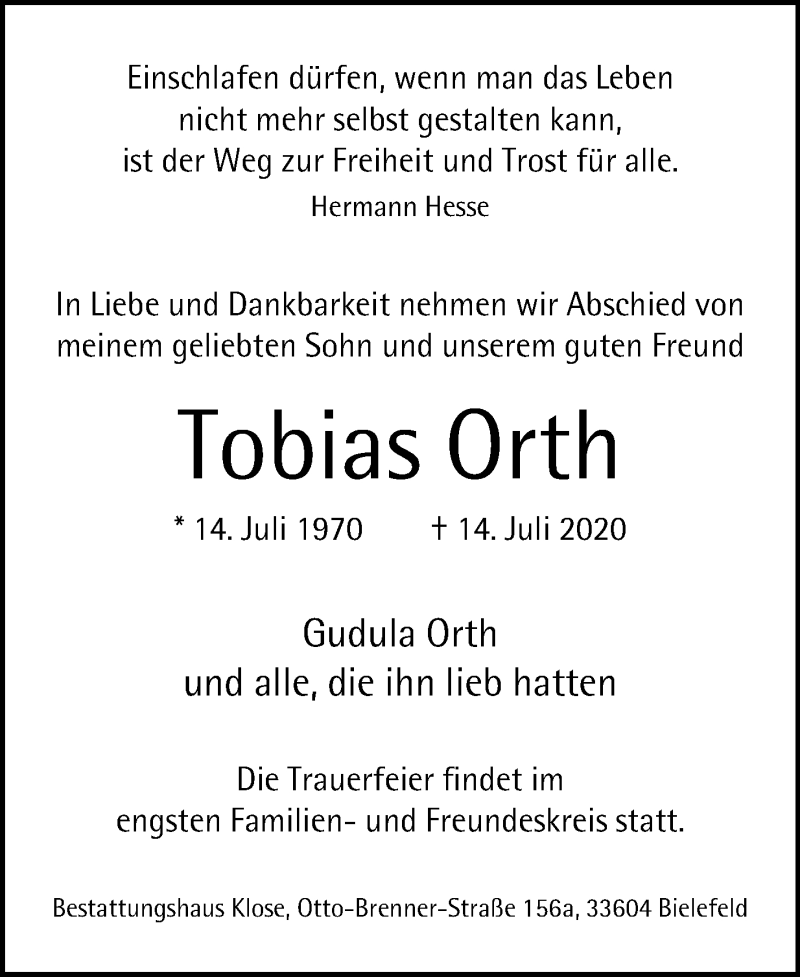  Traueranzeige für Tobias Orth vom 18.07.2020 aus Westfalen-Blatt