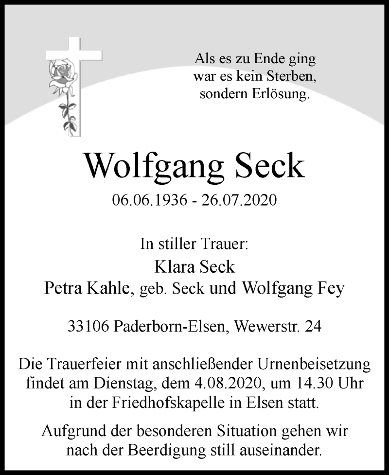  Traueranzeige für Wolfgang Seck vom 29.07.2020 aus Westfalen-Blatt