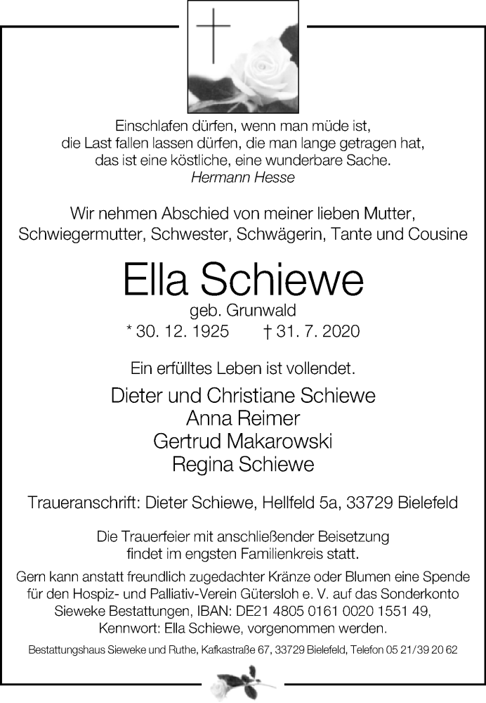  Traueranzeige für Ella Schiewe vom 04.08.2020 aus Westfalen-Blatt