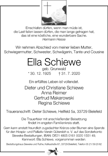 Traueranzeige von Ella Schiewe von Westfalen-Blatt