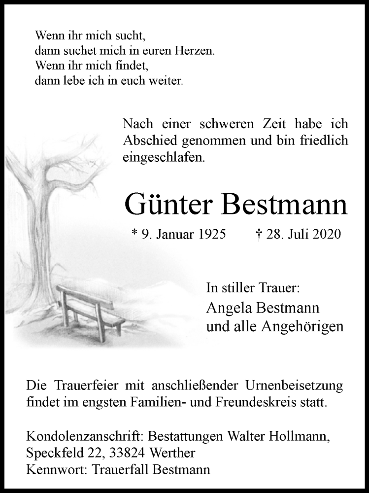  Traueranzeige für Günter Bestmann vom 01.08.2020 aus Westfalen-Blatt