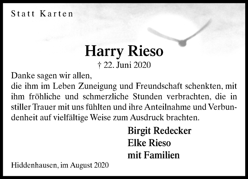  Traueranzeige für Harry Rieso vom 01.08.2020 aus Westfalen-Blatt