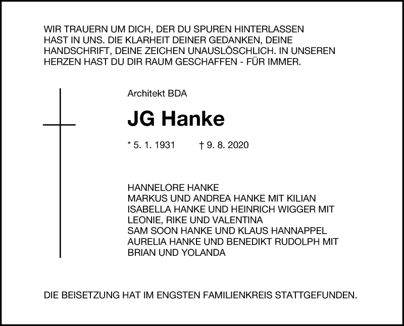  Traueranzeige für JG Hanke vom 15.08.2020 aus Westfalen-Blatt