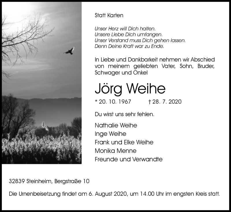  Traueranzeige für Jörg Weihe vom 01.08.2020 aus Westfalen-Blatt