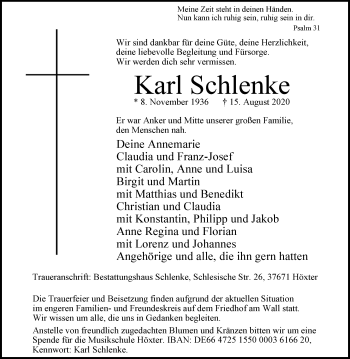 Traueranzeige von Karl Schlenke von Westfalen-Blatt