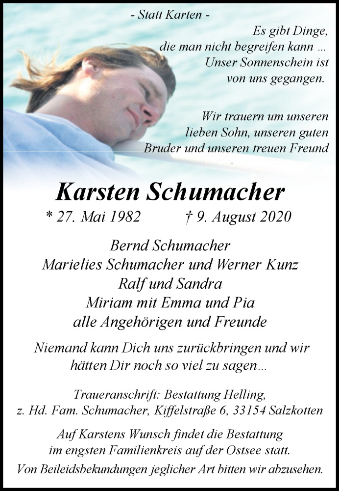  Traueranzeige für Karsten Schumacher vom 15.08.2020 aus Westfalen-Blatt