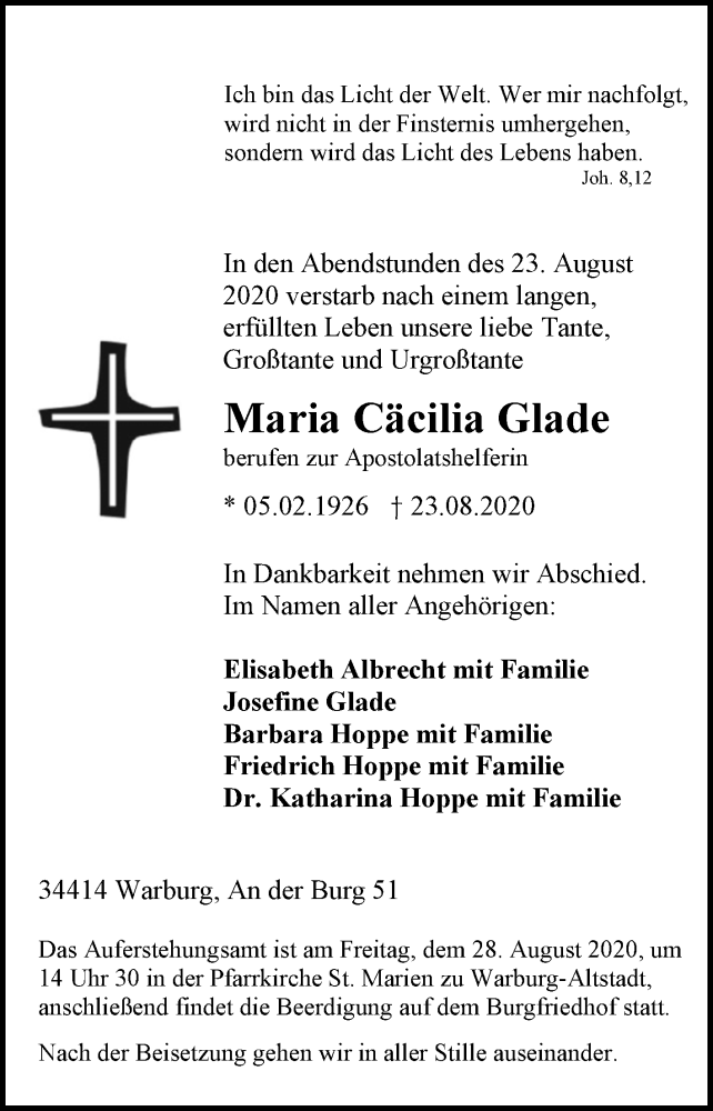  Traueranzeige für Maria Cäcilia Glade vom 26.08.2020 aus Westfalen-Blatt