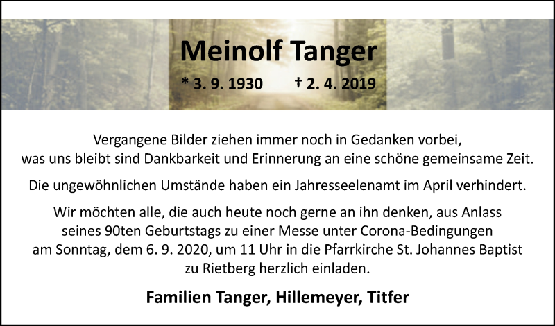  Traueranzeige für Meinolf Tanger vom 29.08.2020 aus Westfalen-Blatt